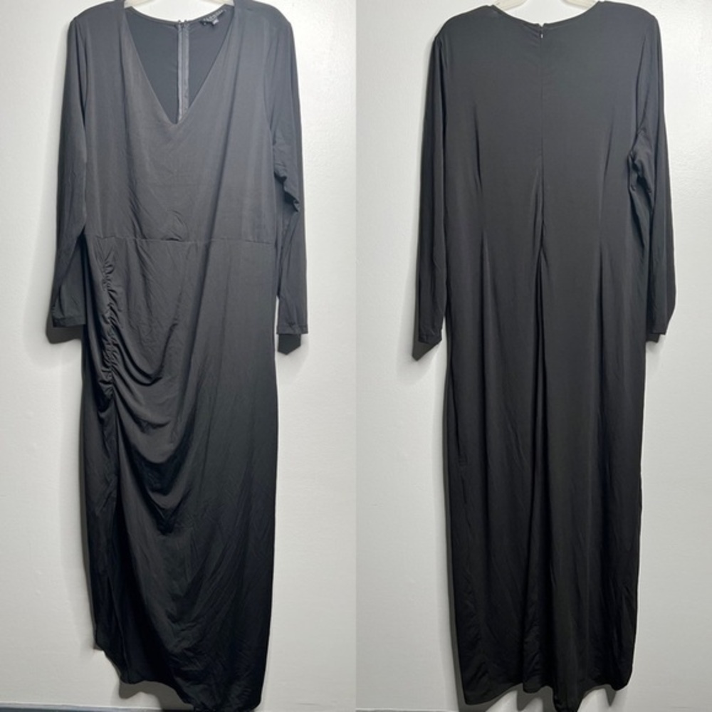 Eloquii Black Long Sleeve V Neck Maxi Ruched‎ Dress With Side Slit Plus Size 26
